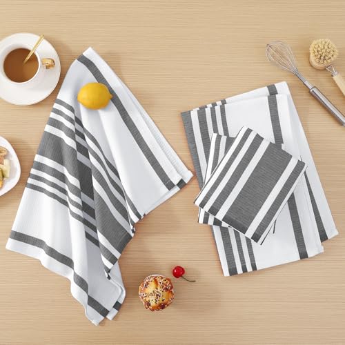 Homaxy Premium Kitchen Towels 18”x 28”, Large Cotton 380 GSM Kitchen Hand Towels, Stripe and Terry Dish Towel, Highly Absorbent Tea Towel Set with Hanging Loop, 8 Pack, Black - color: Black Stripe, style: 8-pack