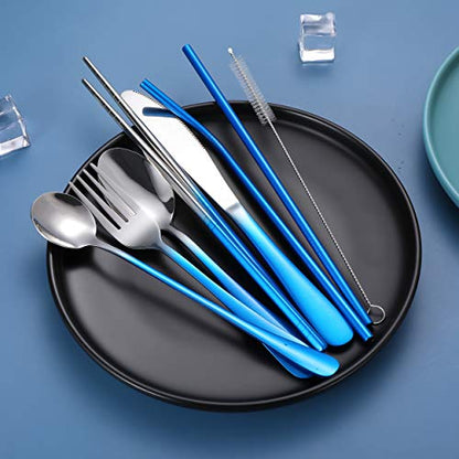 Travel Utensils,Reusable Silverware Set To Go Portable Cutlery Set with a Waterproof Carrying Case for Lunch Boxes Workplace Camping Picnic (GraBlue) - color: Gradient Blue + TeaSpoon