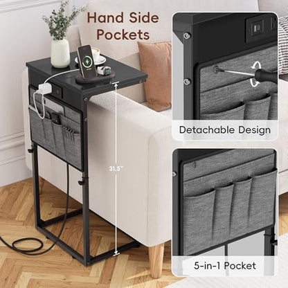 Vagusicc C-Shaped End Table Set of 2 with Charging Station, Small Side Table for Couch, Adjustable Height Couch Side Table, Slide Under Sofa Table TV Tray Tables for Living Room,Bedroom,Bedside, Black - color: 2pc Black