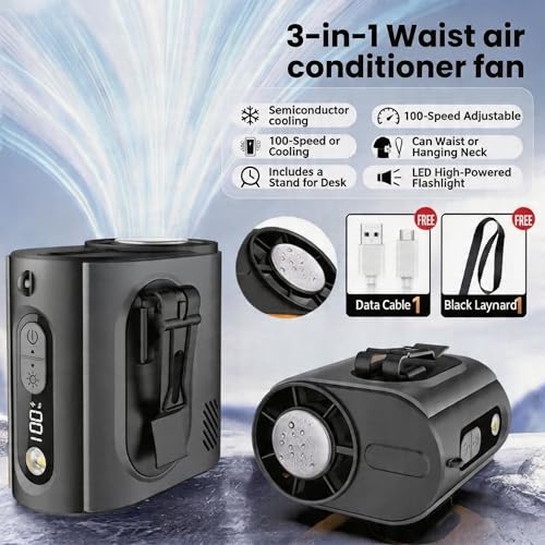2026 AI Wearable Waist/Neck Hanging Fan,with Ice Cooler & Flashlight,10000mAh Rechargeable Clip On Belt Cooling Fan, 100-Speed 16000RPM Personal Body Fan,25H Work Time for Outdoor, Jobsite,Camping - color: Black
