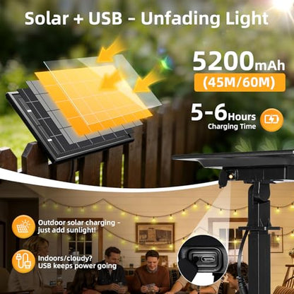 200FT Solar Lights Outdoor Waterproof: G40 60M Shatterproof Bulbs Patio Lights - Solar Powered Remote Control 3 Light Modes Dimmable Solar Light - Camping Backyard Garden Deck Outside Yard - size: 200FT-Remote