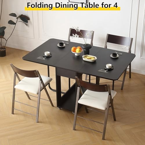 Folding Dining Room Table with Two Drawers for 4/6 with Space Saving Drop Leaf Table,Lockable Wheels & Storage, Heavy Duty Plywood Top 300lb, Convertible Desk for Apartments/RV/Home Office - color: Black-1