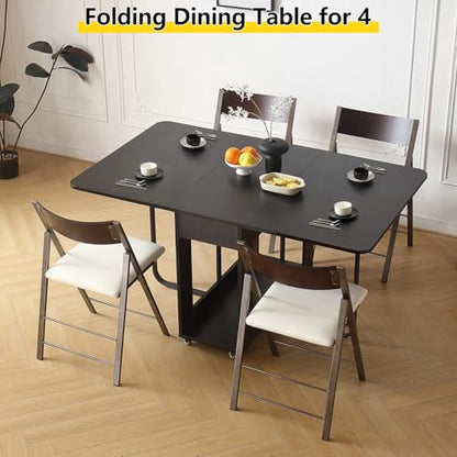 Folding Dining Room Table with Two Drawers for 4/6 with Space Saving Drop Leaf Table,Lockable Wheels & Storage, Heavy Duty Plywood Top 300lb, Convertible Desk for Apartments/RV/Home Office - color: Black-1