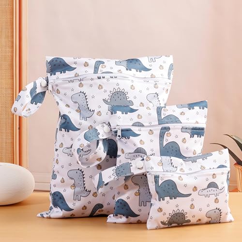 Happy Flute 3 Set Wet Bag Storage Bag Zipper Waterproof Washable Travel Bags, Beach, Pool, Gym Bag for Cloth Diaper, Swimsuits & Wet Clothes(Dinosaur) - color: Dinosaur)