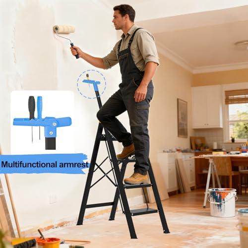 4 Step Ladder,Extendable Single-Handrail Lightweight Aluminum Step Ladder 4 Step Folding,600lbs Max Load Capacity for Household,Kitchen,Office (Blue) - color: Blue, size: 4 steps