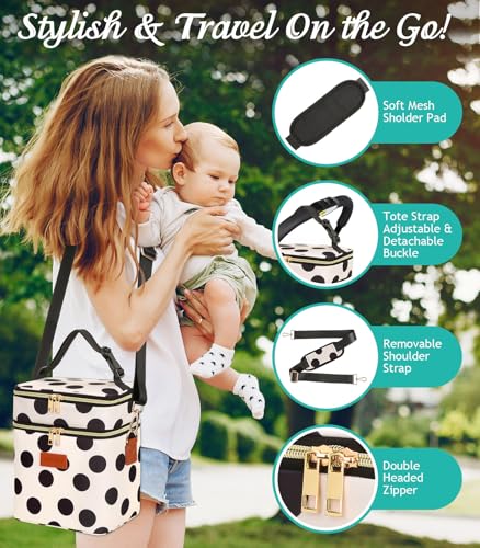 PIIOSER Breastmilk Cooler Bag with Ice Pack, Fits 6 Baby Bottles Up to 9 Oz, Stylish Baby Cooler Travel Bags with Shoulder Strap, Double Layer & Leakproof for Nursing & Working Moms, Black Polka Dots - color: Black Polka Dots