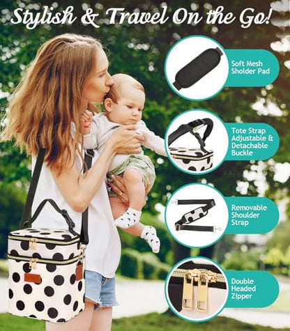 PIIOSER Breastmilk Cooler Bag with Ice Pack, Fits 6 Baby Bottles Up to 9 Oz, Stylish Baby Cooler Travel Bags with Shoulder Strap, Double Layer & Leakproof for Nursing & Working Moms, Black Polka Dots - color: Black Polka Dots