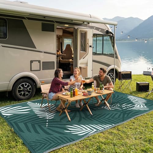 Kohree Outdoor Rug Waterproof 9x12, Reversible Outdoor Plastic Straw Rug with Leaf Pattern, Easy-Cleaning RV Mat Carpet for Patio,Porch, Camping, Balcony, Deck, Backyard, Green - color: Green(leaf), size: 9' x 12' (Rectangular)