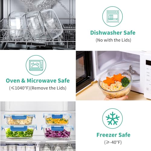 34pcs Glass Food Storage Containers with Lids Set, Airtight Glass Meal Prep Containers (17 Containers & 17 Lids), Leak Proof Lunch Container BPA-Free, Microwave, Oven, Freezer, Dishwasher Safe-Blue - color: Blue