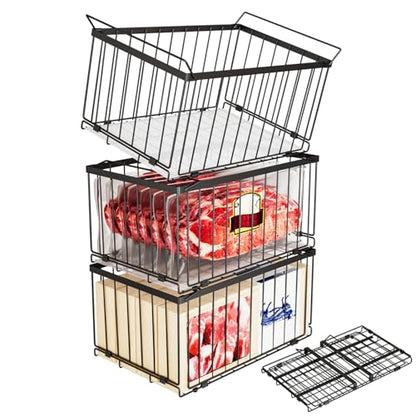 Large Freezer Organizer Bins, Upgrade Quick Expand/Collapse Feature, for 5-9 Cu.Ft Deep Freezer, 3 Pack Stackable Deep Freezer Organizer Bins, Black Wire Foldable Baskets (Black 3 Pack) - color: Black