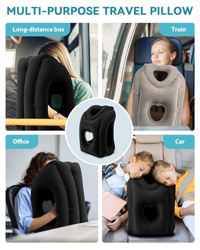 Travel Pillow,Inflatable Airplane Pillow for Sleeping to Avoid Neck and Shoulder Pain,Supports Head and Chin Used for Airplane,Car,Bus and Office - color: Black(upgraded)