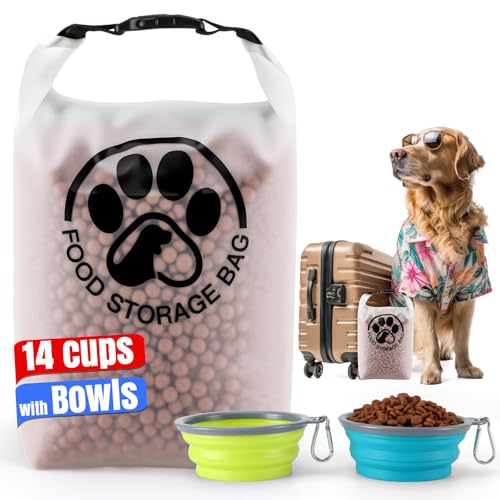 Pet Food Storage Bag for Travel - Transparent Leak-Proof Dog Food Container with Roll-Top Closure, Keeps Kibble Fresh for Camping Trip, Dog Boarding, Weekend Getaways (14 Cups+bowl) - size: 14 Cups+bowl