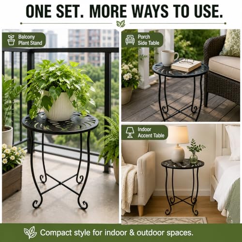 Outdoor Side Table 15 Inch Tall, Tool-Free Metal Patio End Table with Monstera Design, Space Saving Round Stand for Porch Balcony Garden (Monstera) - color: Monstera