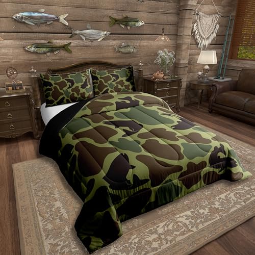 Erosebridal Fish Hunting Toddler Bedding Set Army Camouflage Hunter Comforter Set 2Pcs Rustic Wildlife Down Comforter Farmhouse Bass Fish Bed Set Vintage Army Green Camping Gifts Decor Duvet Insert - color: Army Green, size: Toddler