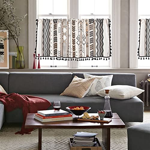 RYNGHIPY Boho Window Valance Cotton Linen Curtain Tiers Farmhouse Window Curtain Topper for Kitchen Living Room Bedroom 55 x 36 Inches Length - color: Cream Black, size: 55"W x 36"L (Pack of 1)
