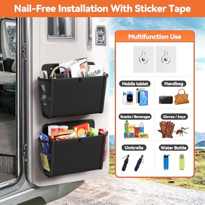 2 Pack Wall Hanging Storage Organizer, Wall Pocket Hanging Bag with Large Pockets & Sticky Adhesive Tape Wall Mounted Storage Door organizer for RV Camper Kitchen Office Black