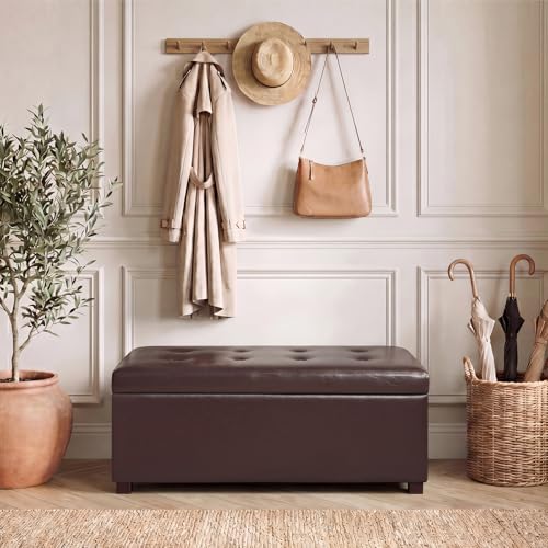 Asense Storage Ottoman Bench,Faux Leather Upholstered Ottoman with Storage,End of Bed Bench with Safety Hinge Wooden Legs,for Entryway,Bedroom,Living Room - color: 37" Dark Chocolate Faux Leather