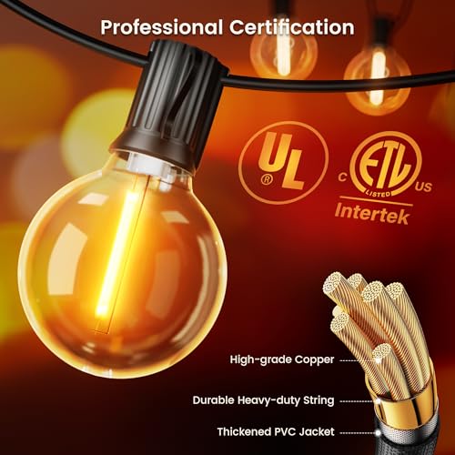 OHLUX Outdoor String Lights, 180FT LED Patio Lights with 82 Dimmable Plastic G40 Globe Bulbs 2 Spares, 2200K Waterproof Connectable Hanging Lights for Backyard Porch Cafe Party Decor E12 Socket - size: 180FT