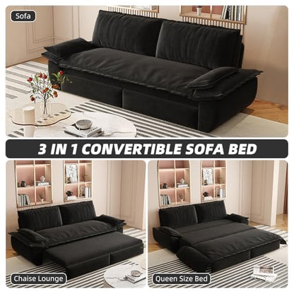 KEIKI 73.2" Queen Sleeper Sofa Bed, 3-in-1 Convertible Pull Out Couch with Chaise Lounge, Modern Velvet Futon Loveseat, Compact Sofa Bed for Small Apartment Studio Living Room Space Saving Furniture - color: Matte Black, size: 73.2 Inch Queen