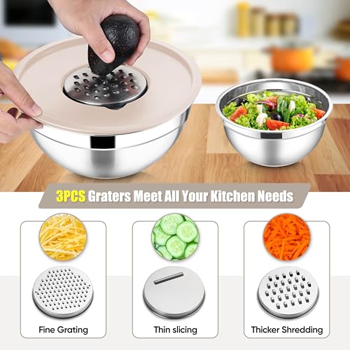 E-far Stainless Steel Mixing Bowls with Lids Set, 5-Piece Nesting Salad Bowls with 3 Grater Attachments and Non-Slip Bottoms, Size 4.6, 2.6, 2, 1.5, 1QT for Kitchen (Khaki) - color: Khaki, size: 5 Regular Sizes