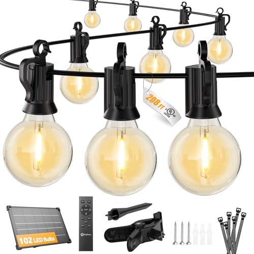 Brightown 208FT 102LED Solar String Lights Outdoor with Remote & USB Port, Shatterproof Bulbs, Dimmable & Timable, 3 Modes, Patio Lights with Mount Clips for Backyard Garden Decor - Last for 40+Hrs - size: 208FT