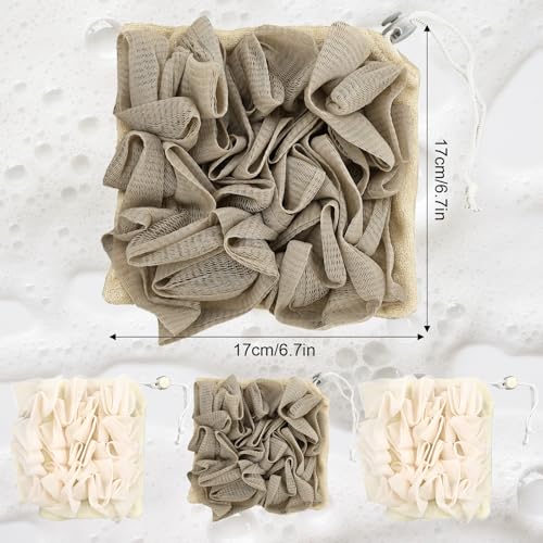 3 Pcs Soap Bar Loofah, 2 in 1 Bar Soap Loofah Pouch Can Hold Soap Effective Exfoliation for Bathing (Beige*2 + Khaki*1) - style: Beige + Khaki