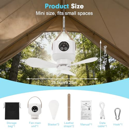 Portable Ceiling Fan with Lights Remote,USB Rechargeable Camping Fan,9.25" Wireless Tent Fan with 4 Speeds,Timer,Battery-Powered Ceiling Fan for RV,Truck,Rooftop Tent,Travel,Camping (White) - color: White