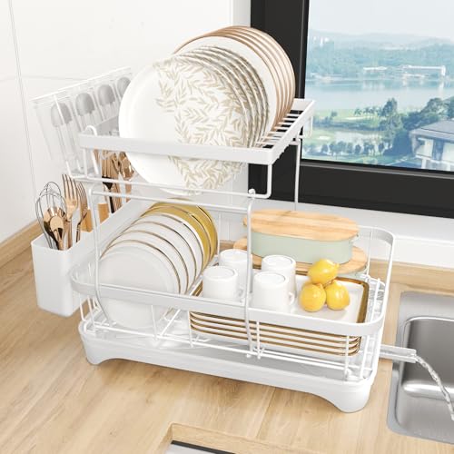 Dish Drying Rack, Two-Tier Dish Drying Rack with Utensil Holder and Cutlery Tray – Auto-Draining Large Capacity Dish Drainer with Drainboard for Kitchen Counter, White - color: 2-tier - White