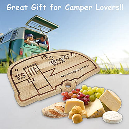Happy Camper Bamboo Large Cutting Board, Rv Wooden Stove Top Cover Noodle Board,Meat Cutting Board for BBQ, Carving Board for Turkey,Large Charcuterie Board,RV Kitchen Decoration - style: big