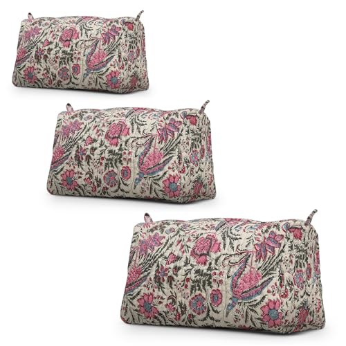 Cotton Hand Block Floral Print Toiletry Bag For Women Make Up Cosmetic Bag Jewelry Organizer Kit Storage Case Travel Accessories Essential Toiletries Purse Pouch (Multi - Set of 3, Small Medium Large) - color: Off White, size: Set of 3