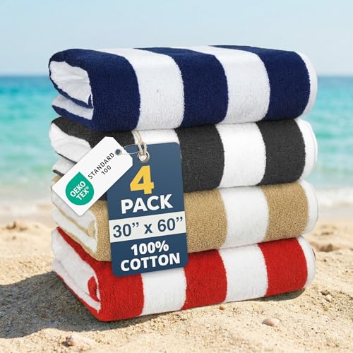 LANE LINEN Beach Towels 4 Pack - Premium 520 GSM Beach Towel, (30" x 60") 100% Cotton Pool Towel for Adults - Qick Dry Large Towels, Soft & Highly Absorbent Set for Travel & Vacation - Ocean Breeze - color: 04: Ocean Breeze, size: 4 Pack: 30"x60"