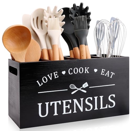 Black Farmhouse Utensil Holder for Kitchen Counter Extra Large Cooking Utensil Holder Caddy Utensils Storage Organizer for Countertop Rustic Wood Kitchen Tool Decor Utensil Crock Spatula Holder - color: Black