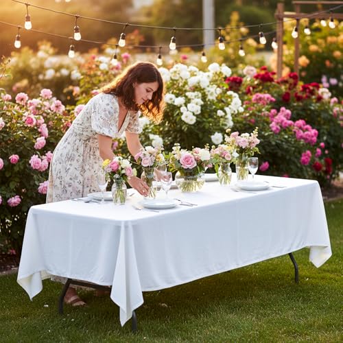 FDW 8FT Folding Table, Portable Fold-in-Half Plastic Picnic Party Table with Carrying Handle (White, 8FT) - color: White, size: 8 FT 94"x29"