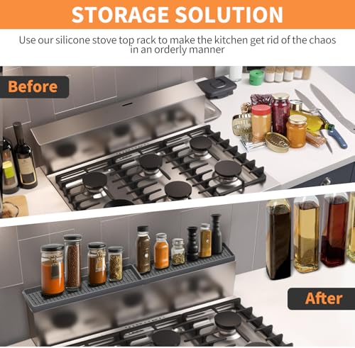 BFONS 30" Magnetic Stove Top Shelf Spice Rack Storage, Silicone Top Heat Material Stove Rack Shelf Flexible Seasoning Organizer Kitchen Shelves Gadgets with 2 Functional Prtitions for Kitchen （Grey） - color: Grey