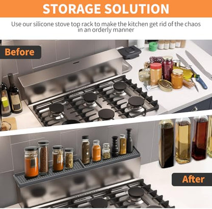 BFONS 30" Magnetic Stove Top Shelf Spice Rack Storage, Silicone Top Heat Material Stove Rack Shelf Flexible Seasoning Organizer Kitchen Shelves Gadgets with 2 Functional Prtitions for Kitchen （Grey） - color: Grey