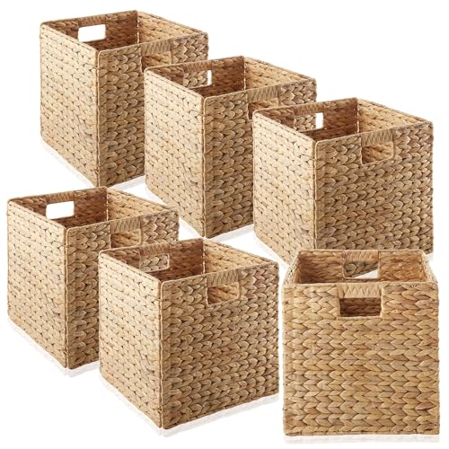Casafield 12" x 12" Water Hyacinth Storage Baskets, Natural - Set of 6 Collapsible Cube Organizers, Woven Bins for Bathroom, Bedroom, Laundry, Pantry, Shelves - color: Natural, size: 6-Pack