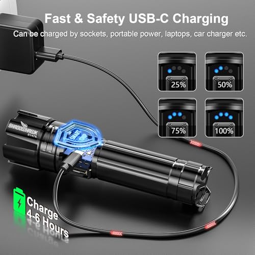 Flashlight 10000 High Lumens Rechargeable - 30W Super Bright LED Flash Light | 5000ft Beam & 12H Long Lasting USB C High Powered Handheld Police Flashlight for Home, Camping, Hiking, Emergency