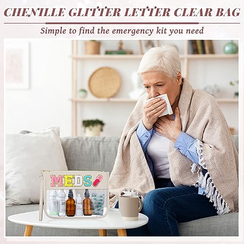Silkfly Chenille Letter Medicine Meds Medical Bag Makeup First Aid Bag for Travel Preppy PVC Nylon Emergency Patch Cosmetic Toiletry Storage Pouch Waterproof with Handle Zipper for Women(Pretty) - style: Pretty