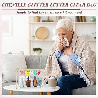 Silkfly Chenille Letter Medicine Meds Medical Bag Makeup First Aid Bag for Travel Preppy PVC Nylon Emergency Patch Cosmetic Toiletry Storage Pouch Waterproof with Handle Zipper for Women(Pretty) - style: Pretty