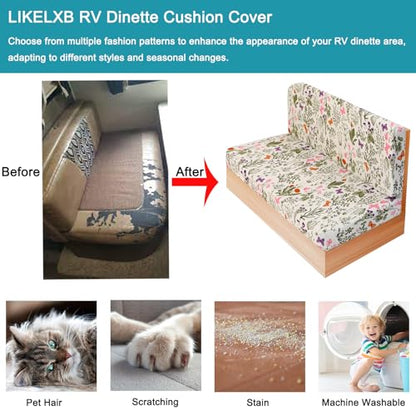 RV Dinette Cushion Covers, Printed Camper Cushion Slipcovers, Washable Anti Slip Stretch Fabric (Sage Wild Green) - color: White Green, size: 1 Bench Cover & 1 Backrest Cover