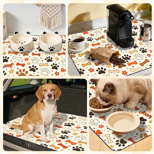 Nuxovilar Pet Food Mat Dog Supplies Woof-Printed Polyester (23.62×17.71 inches) Bowl Water Spill Pad Feeding Gear for Kitchen, Pantry, Pet Space - color: YE06001