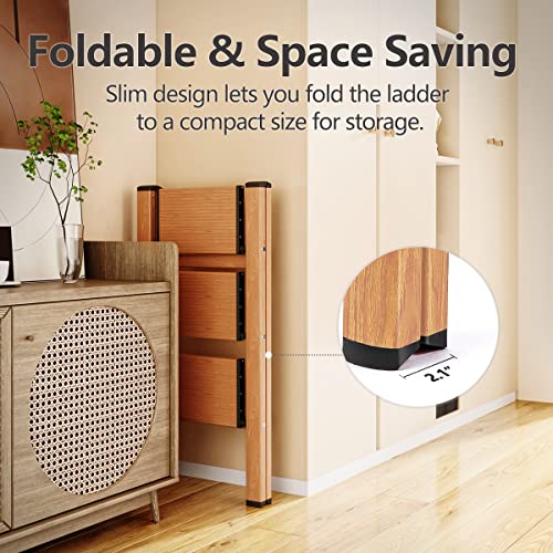 SOLADDER 3 Step Ladder, Folding Aluminum 3 Step Stool with Anti-Slip Wide Sturdy Pedal, Multi-Use for Home and Kitchen, Space Saving-Woodgrain(300 lbs Capacity) - color: Woodgrain, size: 3 Step