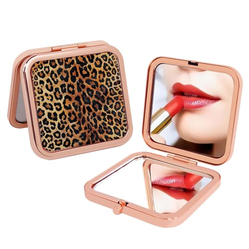 Pocket Mirror, Small Travel Mirror with Magnification, Portable Double-Sided Magnifying Cosmetic Mirror for Daily Rose Gold Leopard Print - color: Brown Leopard