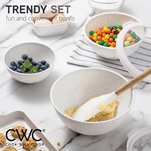 COOK WITH COLOR Mixing Bowls with TPR Lids - 12 Piece Plastic Nesting Bowls Set includes 6 Prep Bowls and 6 Lids, Microwave Safe Mixing Bowl Set (Speckled White) - color: Speckled White TPR Lids