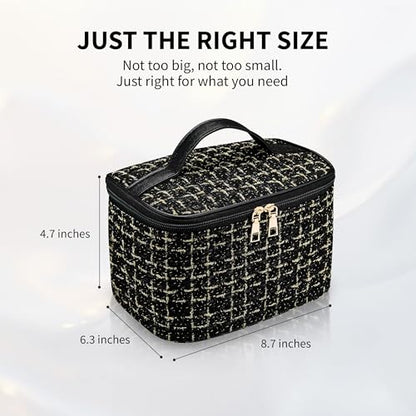 Makeup Bag, Luxury Tweed Cosmetic Bag for Women, Large Capacity Toiletry Bag Portable Organizer Pouch with Handle
