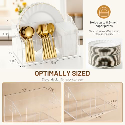 Acrylic Paper Plate Organizer and Dispenser – Plate and Utensil Caddy for Plates, Cups, Napkins and Cutlery, Ideal for Kitchen, Parties, Picnics, Weddings, and Outdoor Events - size: Standard(9 x 6 Inch)