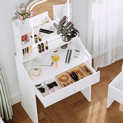 LIKIMIO Small Makeup Vanity Desk with Mirror and Lights, Vanity Table Set with Storage Drawer, Chair and Three Shelves, Bedroom, White - color: White