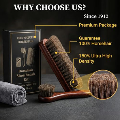 3PCS 100% Horse Hair Shoe Brush Set for Leather Boots Horsehair Brush for Polishing Cleaning Buffing Professional Shoe Shine Kit for Men Suede Boot Care Conditioner Accessories Tool