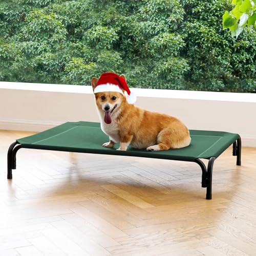 Elevated Dog Bed Raised Outdoor Dog Cot for Medium Dogs, Installation Requires No Tools, Frame with Washable Cooling Breathable Mesh Anti-Slip Feet, Indoor Pet Bed, Green, 35.4 Inches - color: Green, size: M-35.4"L×25.6"W×7.9"Th