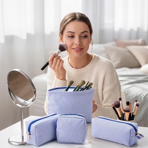 Sanwuta 4 Pcs Seersucker Pouch Cosmetic Bag Set Seersucker Makeup Bag Women Stripe Large Travel Toiletry Organizer Aesthetic Preppy Storage for Embroidery Women Bridesmaid Gifts(Dark Blue) - color: Dark Blue